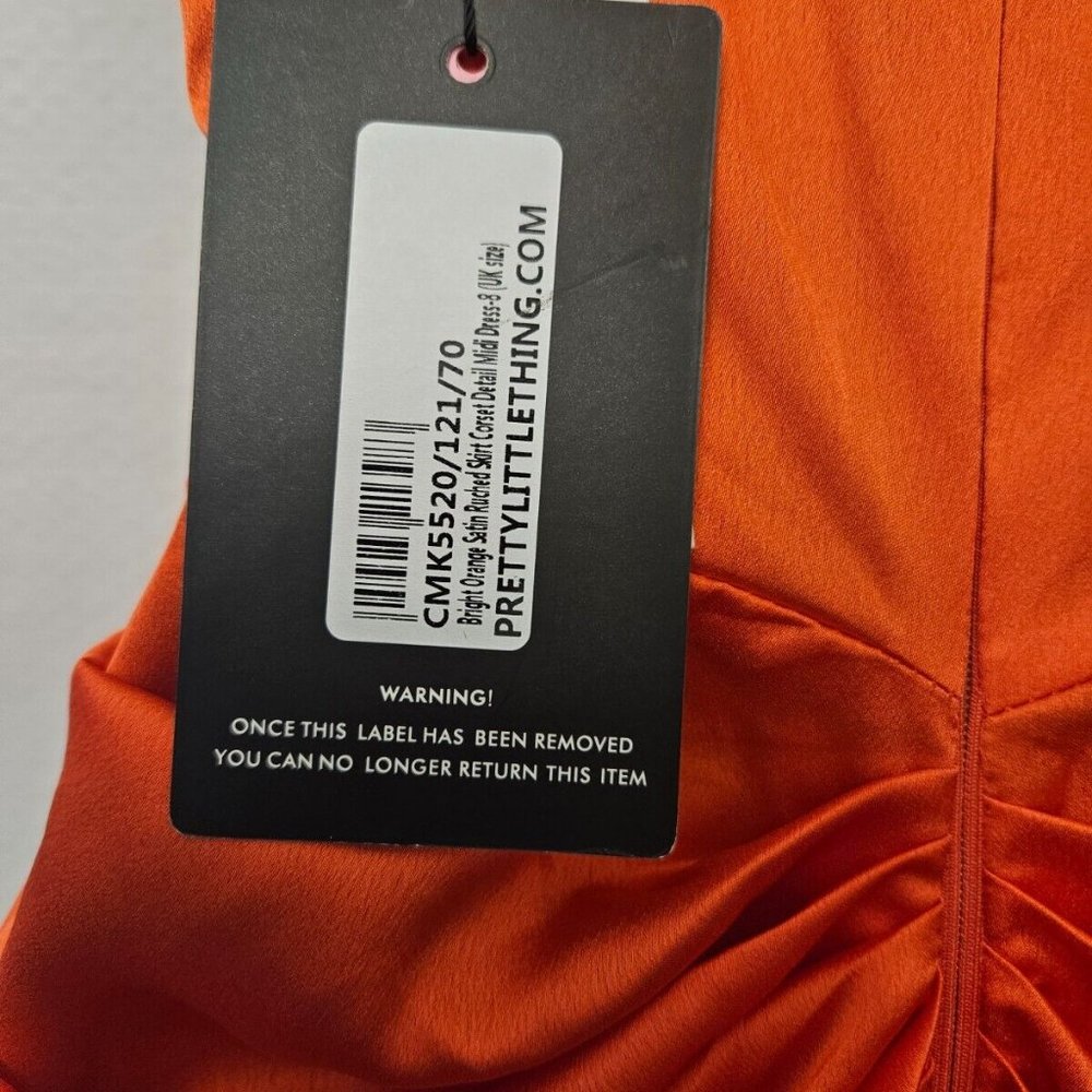 Pretty Little Thing corset dress size 8 bright orange satin ruched skirt New - Picture 9 of 12
